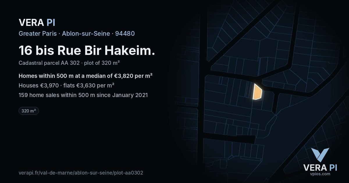 16 bis Rue Bir Hakeim, Ablon-sur-Seine at night – the plot lit, the parcels around coloured by the prices near them