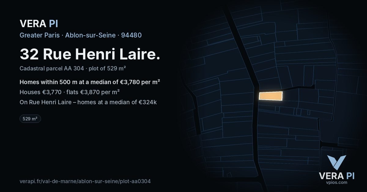 32 Rue Henri Laire, Ablon-sur-Seine at night – the plot lit, the parcels around coloured by the prices near them