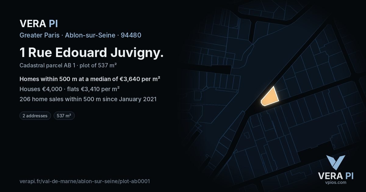 1 Rue Edouard Juvigny, Ablon-sur-Seine at night – the plot lit, the parcels around coloured by the prices near them