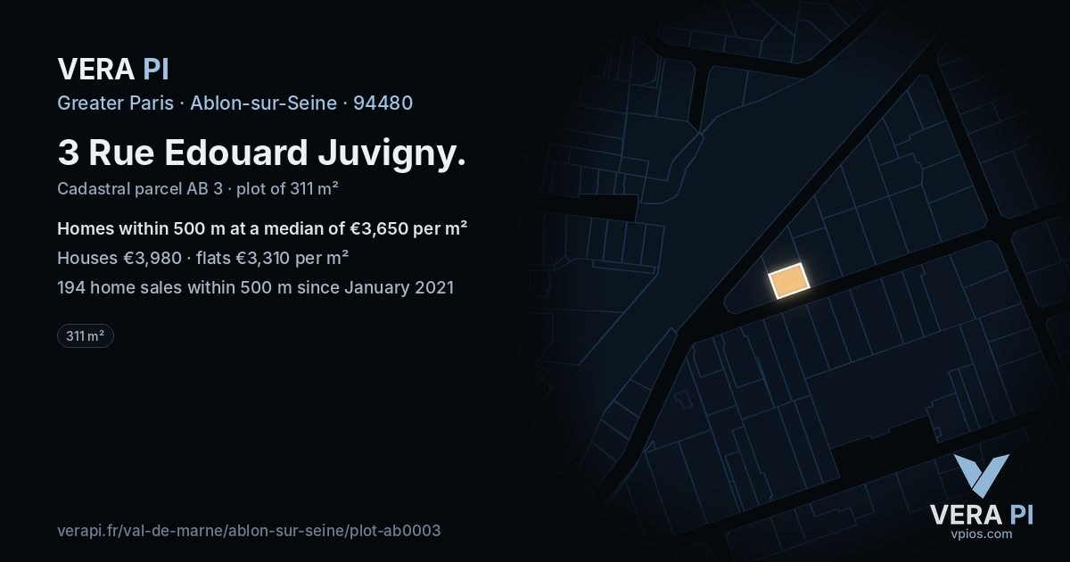 3 Rue Edouard Juvigny, Ablon-sur-Seine at night – the plot lit, the parcels around coloured by the prices near them