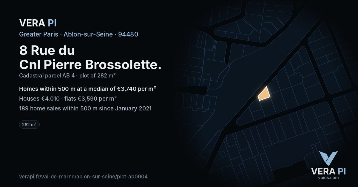 8 Rue du Cnl Pierre Brossolette, Ablon-sur-Seine at night – the plot lit, the parcels around coloured by the prices near them