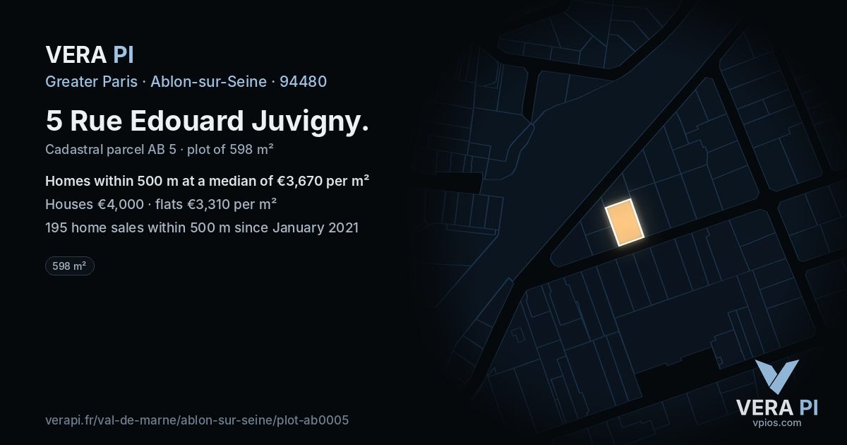 5 Rue Edouard Juvigny, Ablon-sur-Seine at night – the plot lit, the parcels around coloured by the prices near them