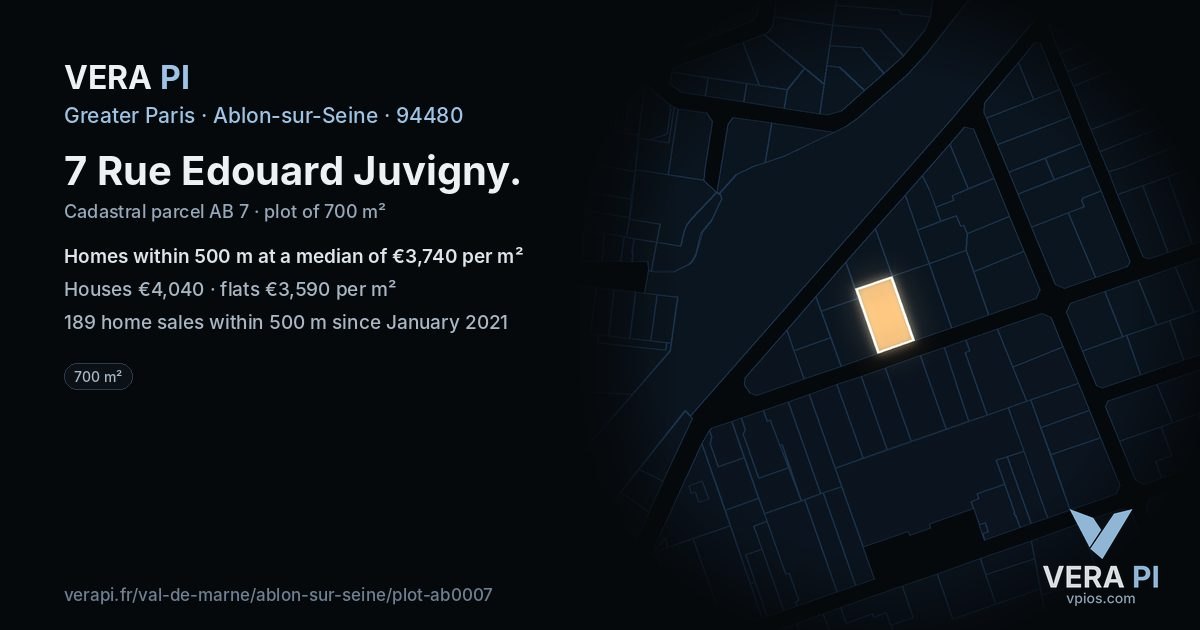 7 Rue Edouard Juvigny, Ablon-sur-Seine at night – the plot lit, the parcels around coloured by the prices near them