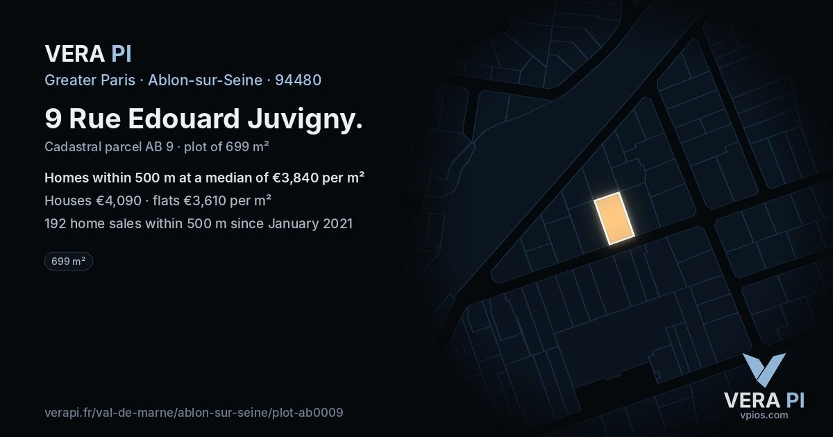 9 Rue Edouard Juvigny, Ablon-sur-Seine at night – the plot lit, the parcels around coloured by the prices near them