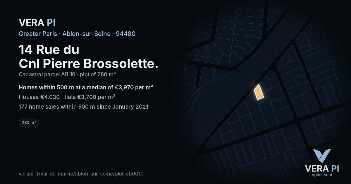 14 Rue du Cnl Pierre Brossolette, Ablon-sur-Seine at night – the plot lit, the parcels around coloured by the prices near them