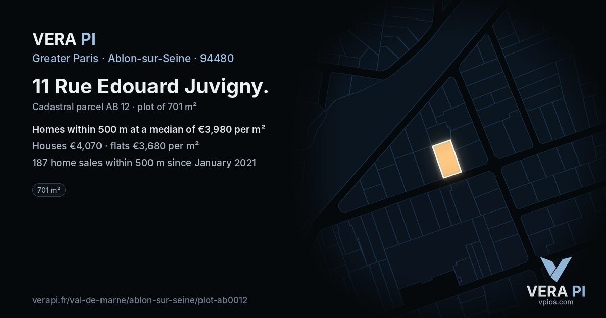 11 Rue Edouard Juvigny, Ablon-sur-Seine at night – the plot lit, the parcels around coloured by the prices near them
