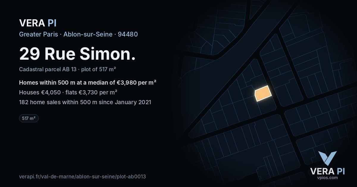 29 Rue Simon, Ablon-sur-Seine at night – the plot lit, the parcels around coloured by the prices near them