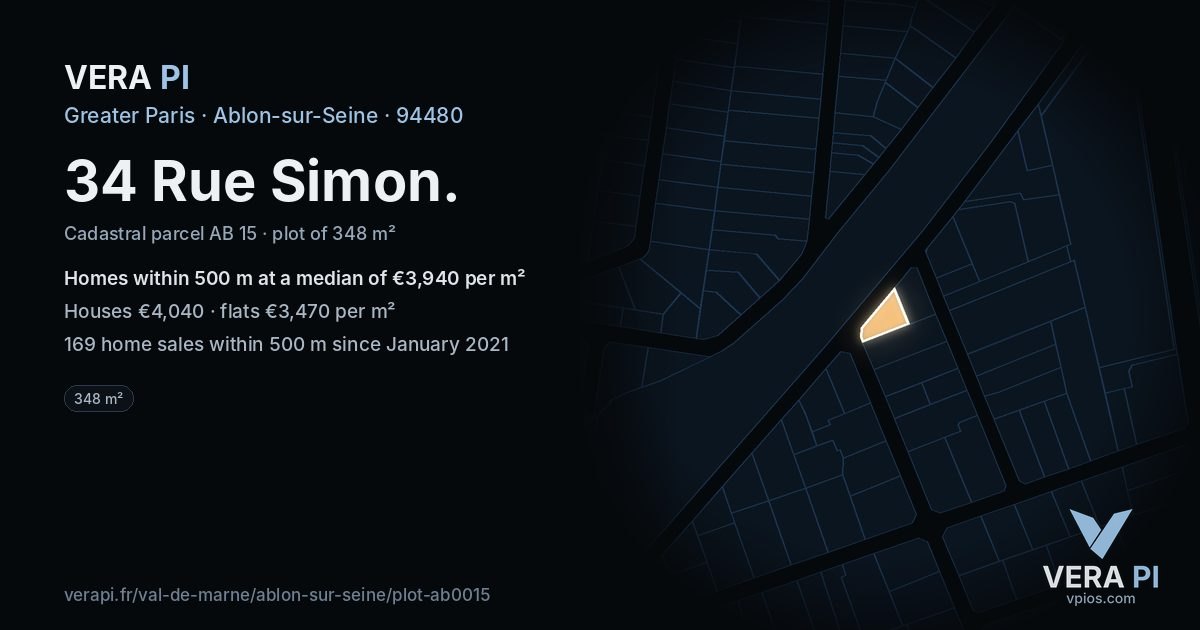 34 Rue Simon, Ablon-sur-Seine at night – the plot lit, the parcels around coloured by the prices near them