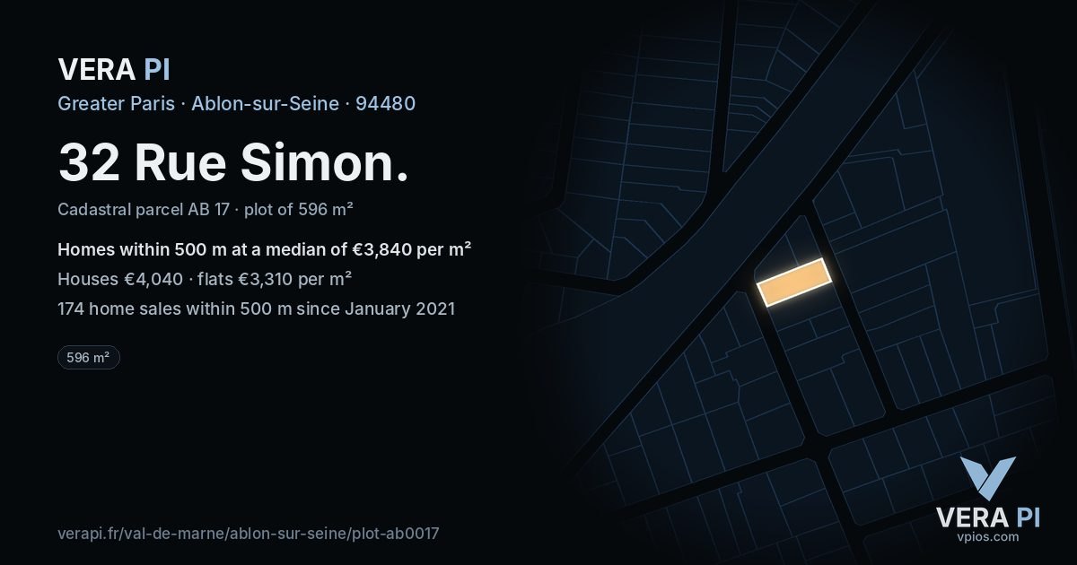 32 Rue Simon, Ablon-sur-Seine at night – the plot lit, the parcels around coloured by the prices near them