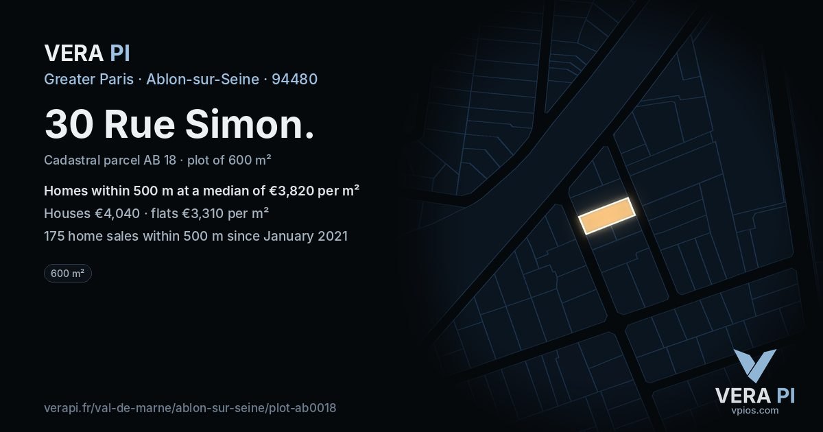 30 Rue Simon, Ablon-sur-Seine at night – the plot lit, the parcels around coloured by the prices near them