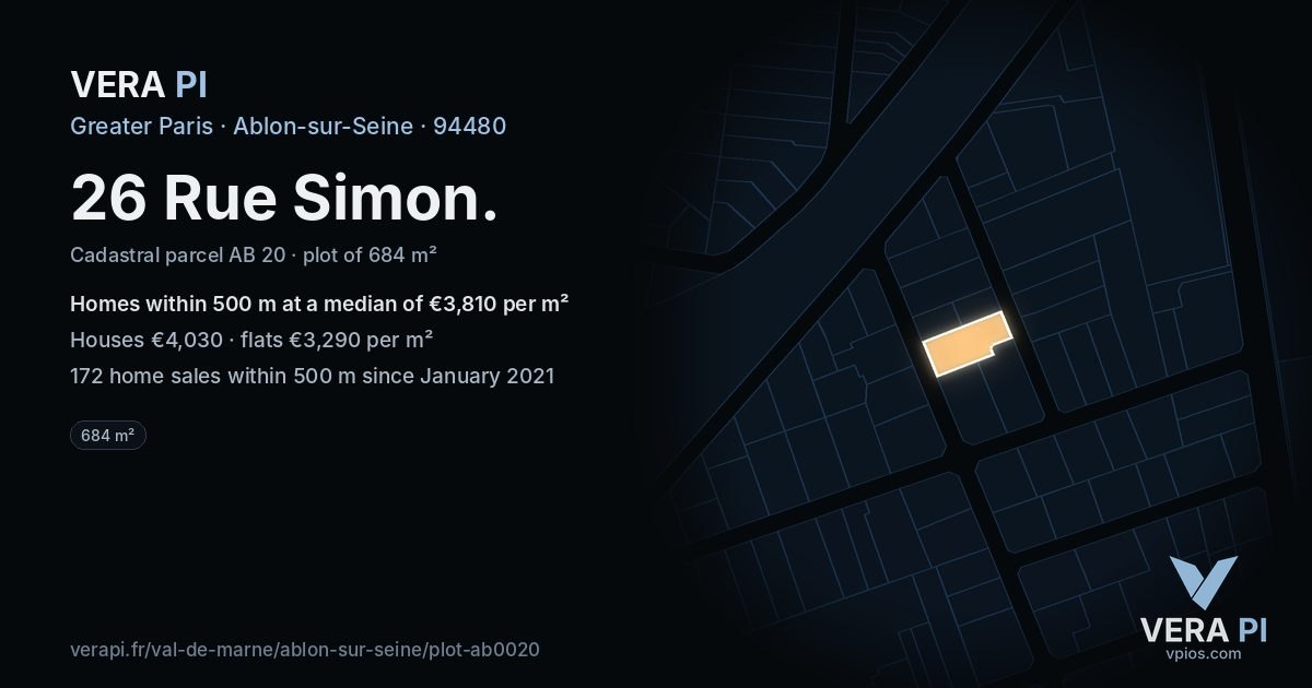 26 Rue Simon, Ablon-sur-Seine at night – the plot lit, the parcels around coloured by the prices near them