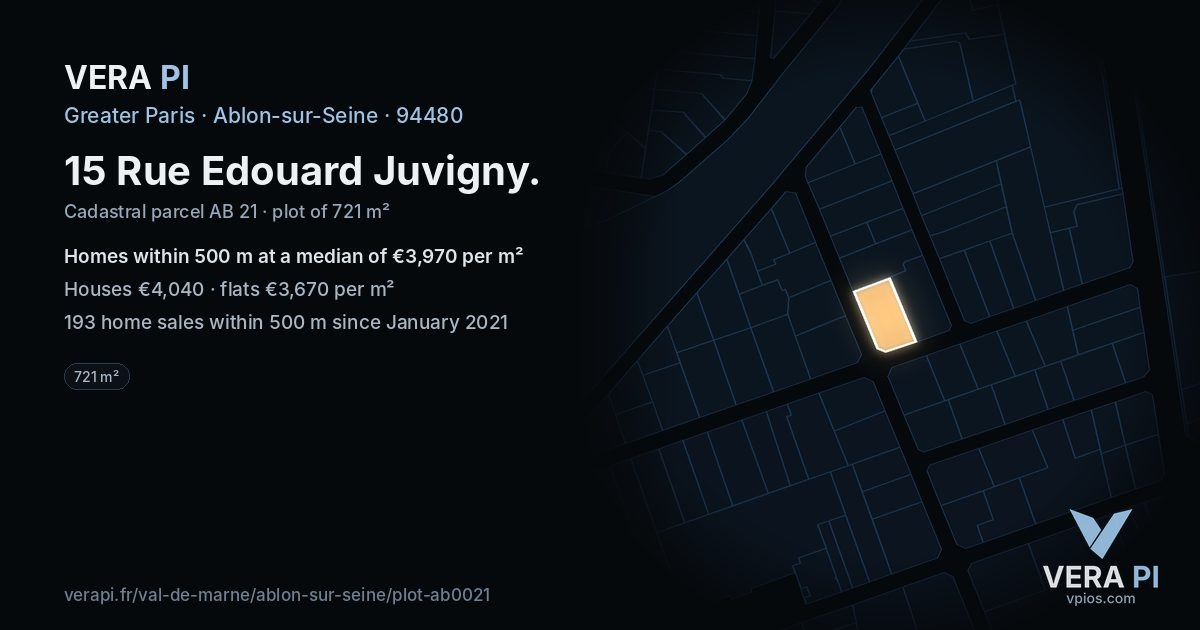 15 Rue Edouard Juvigny, Ablon-sur-Seine at night – the plot lit, the parcels around coloured by the prices near them