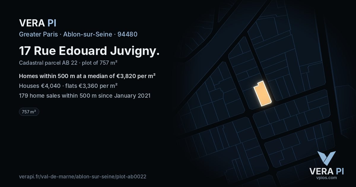 17 Rue Edouard Juvigny, Ablon-sur-Seine at night – the plot lit, the parcels around coloured by the prices near them