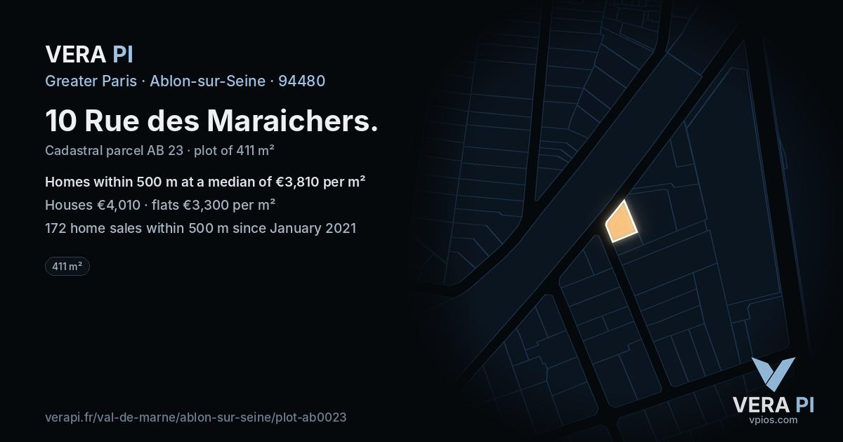 10 Rue des Maraichers, Ablon-sur-Seine at night – the plot lit, the parcels around coloured by the prices near them