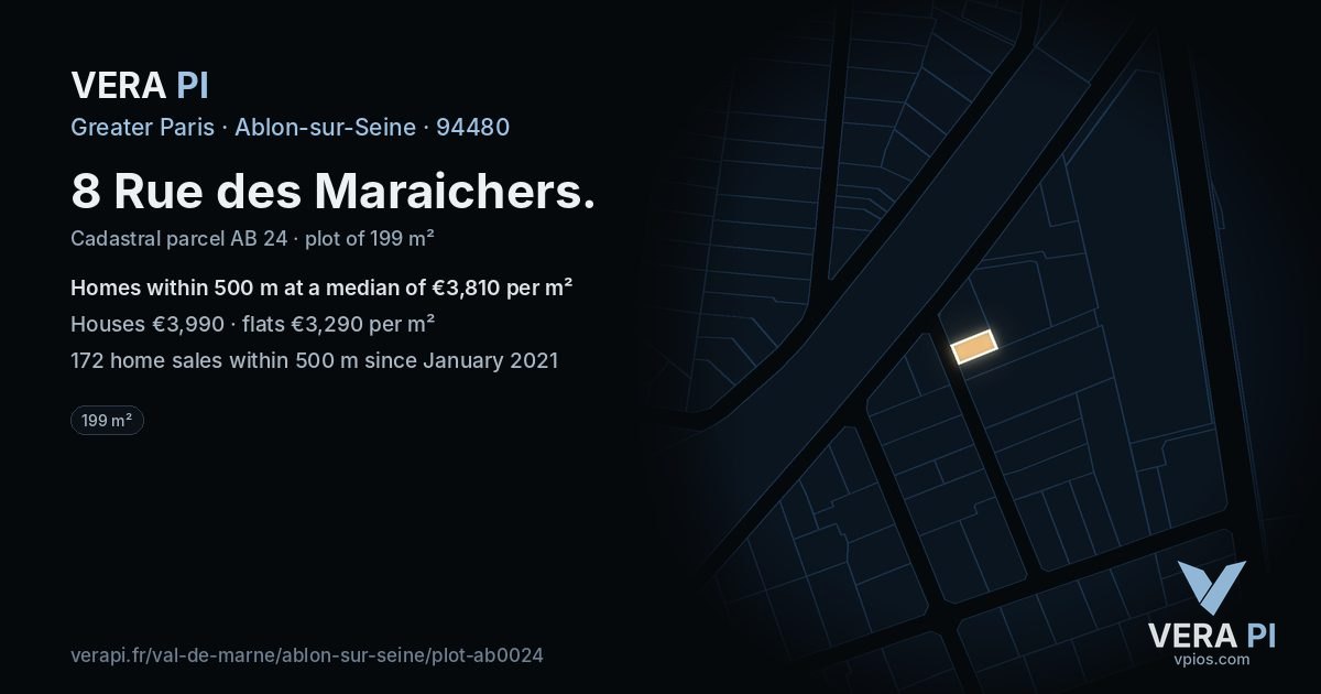 8 Rue des Maraichers, Ablon-sur-Seine at night – the plot lit, the parcels around coloured by the prices near them