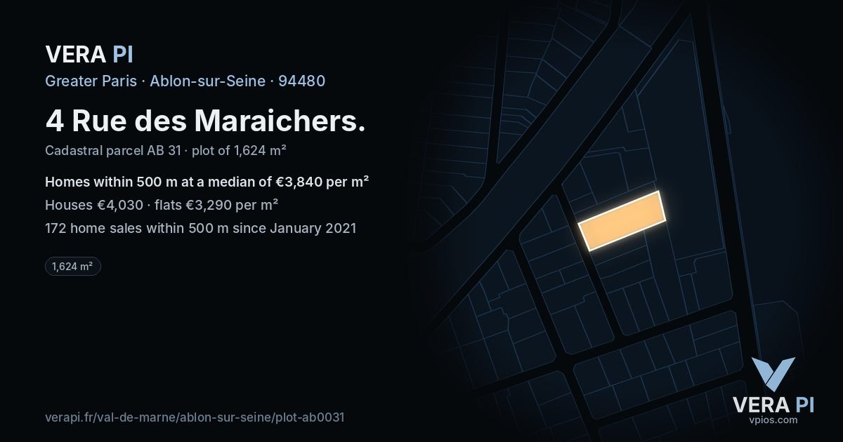 4 Rue des Maraichers, Ablon-sur-Seine at night – the plot lit, the parcels around coloured by the prices near them