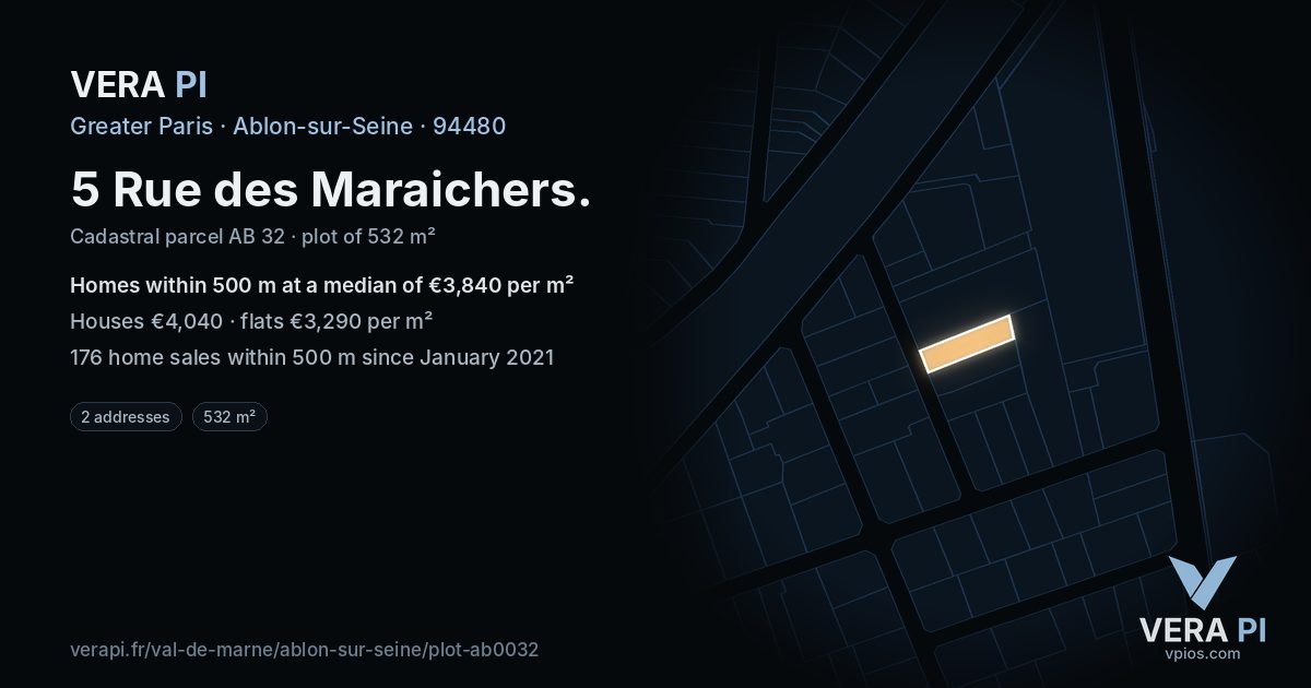 5 Rue des Maraichers, Ablon-sur-Seine at night – the plot lit, the parcels around coloured by the prices near them