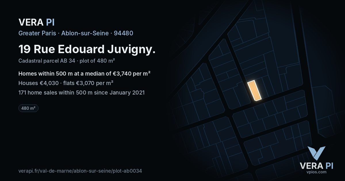 19 Rue Edouard Juvigny, Ablon-sur-Seine at night – the plot lit, the parcels around coloured by the prices near them