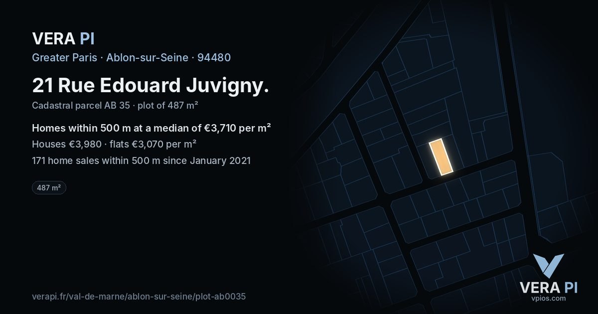 21 Rue Edouard Juvigny, Ablon-sur-Seine at night – the plot lit, the parcels around coloured by the prices near them