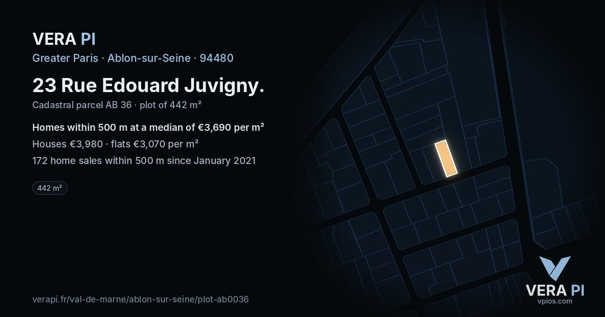 23 Rue Edouard Juvigny, Ablon-sur-Seine at night – the plot lit, the parcels around coloured by the prices near them