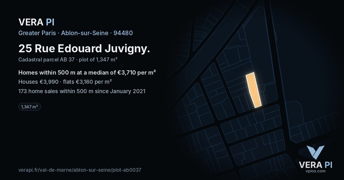 25 Rue Edouard Juvigny, Ablon-sur-Seine at night – the plot lit, the parcels around coloured by the prices near them