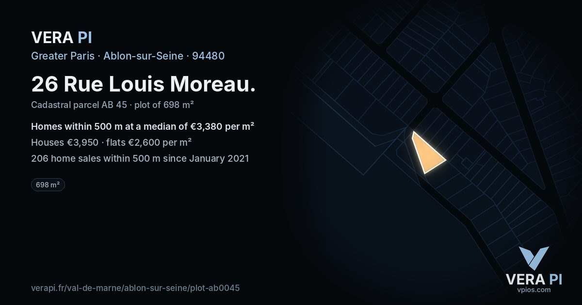 26 Rue Louis Moreau, Ablon-sur-Seine at night – the plot lit, the parcels around coloured by the prices near them