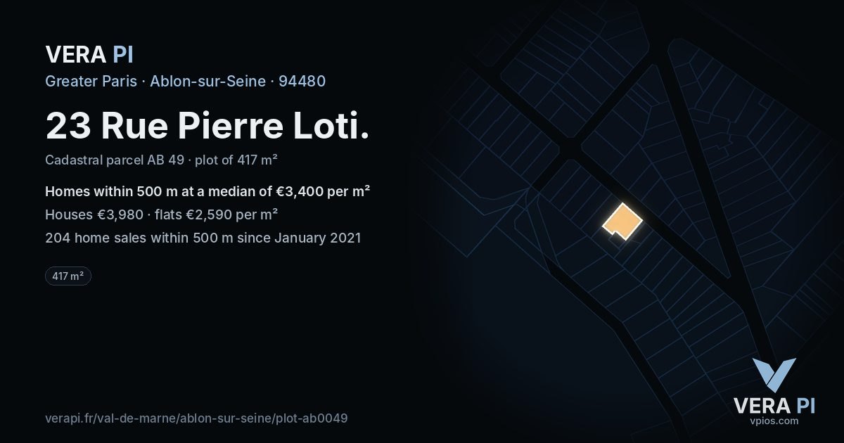 23 Rue Pierre Loti, Ablon-sur-Seine at night – the plot lit, the parcels around coloured by the prices near them