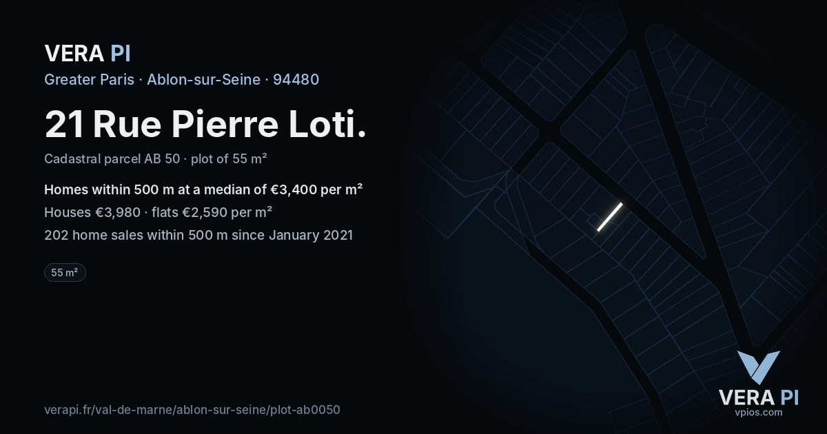 21 Rue Pierre Loti, Ablon-sur-Seine at night – the plot lit, the parcels around coloured by the prices near them