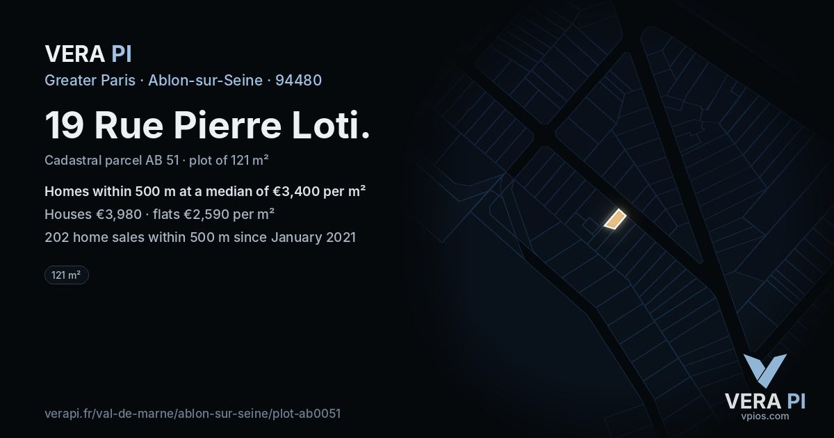 19 Rue Pierre Loti, Ablon-sur-Seine at night – the plot lit, the parcels around coloured by the prices near them
