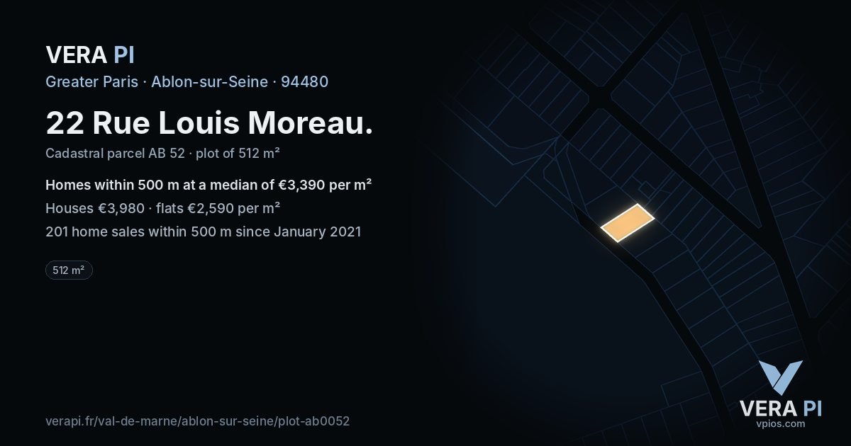 22 Rue Louis Moreau, Ablon-sur-Seine at night – the plot lit, the parcels around coloured by the prices near them