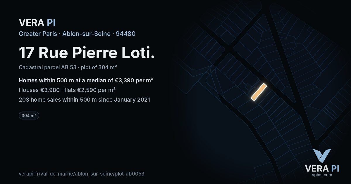 17 Rue Pierre Loti, Ablon-sur-Seine at night – the plot lit, the parcels around coloured by the prices near them