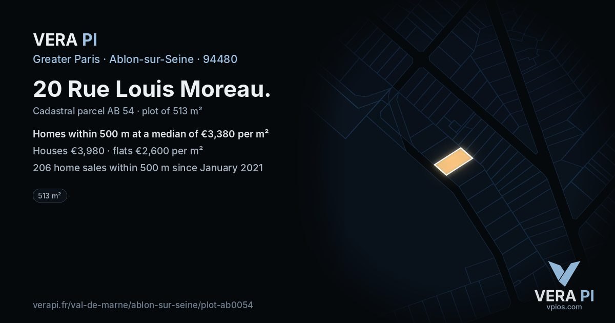 20 Rue Louis Moreau, Ablon-sur-Seine at night – the plot lit, the parcels around coloured by the prices near them