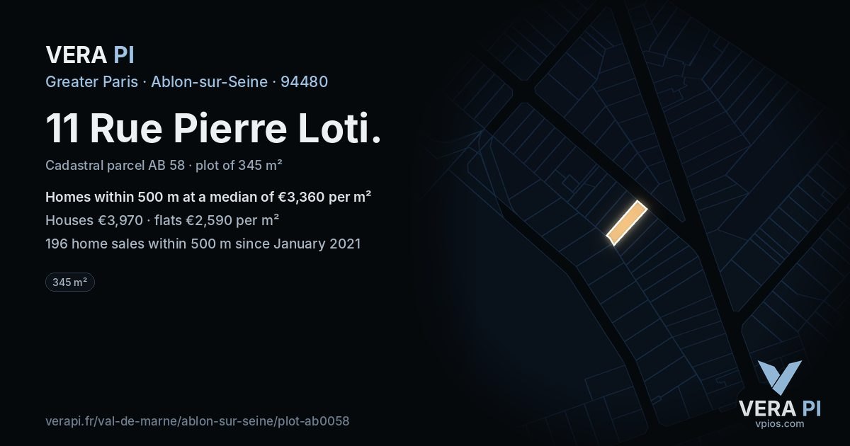 11 Rue Pierre Loti, Ablon-sur-Seine at night – the plot lit, the parcels around coloured by the prices near them