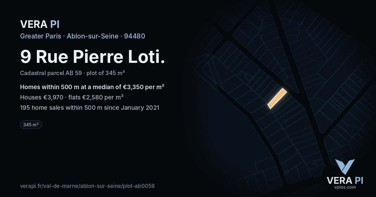 9 Rue Pierre Loti, Ablon-sur-Seine at night – the plot lit, the parcels around coloured by the prices near them