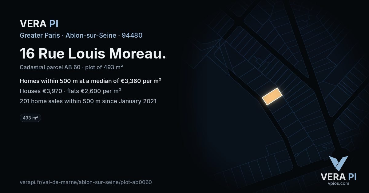 16 Rue Louis Moreau, Ablon-sur-Seine at night – the plot lit, the parcels around coloured by the prices near them