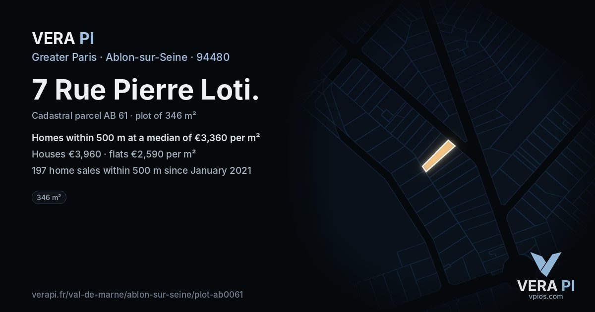 7 Rue Pierre Loti, Ablon-sur-Seine at night – the plot lit, the parcels around coloured by the prices near them