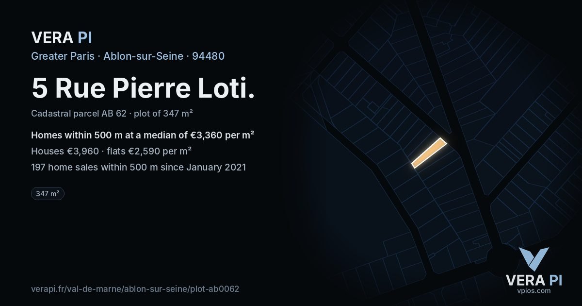 5 Rue Pierre Loti, Ablon-sur-Seine at night – the plot lit, the parcels around coloured by the prices near them