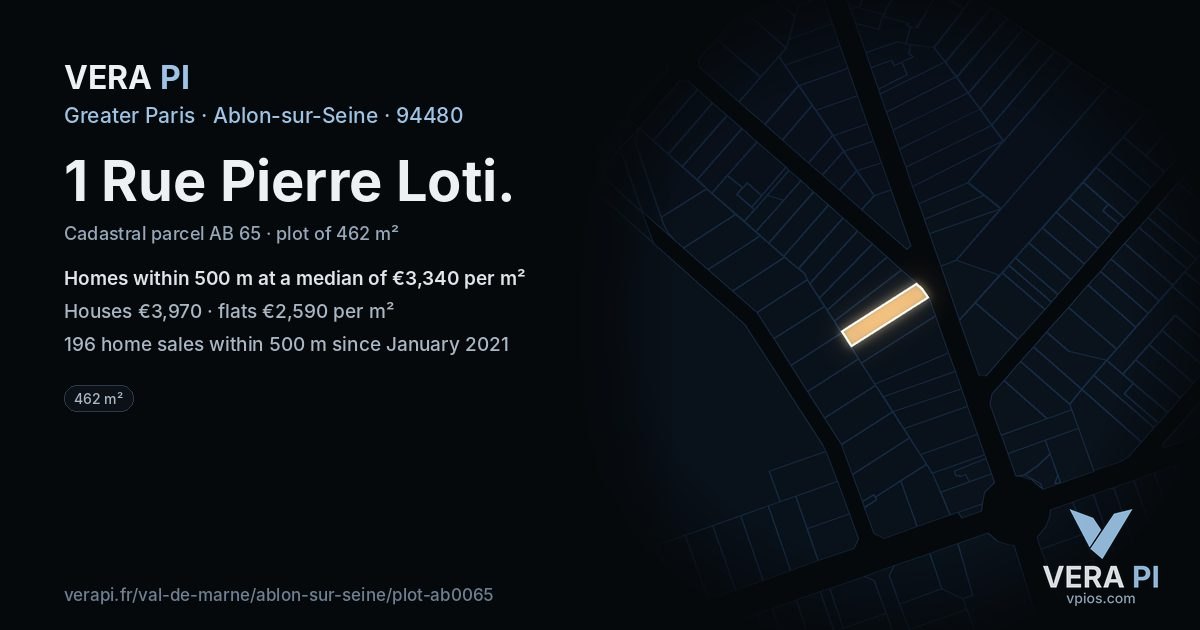 1 Rue Pierre Loti, Ablon-sur-Seine at night – the plot lit, the parcels around coloured by the prices near them