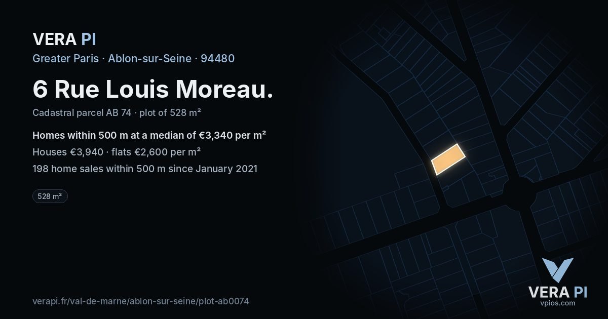 6 Rue Louis Moreau, Ablon-sur-Seine at night – the plot lit, the parcels around coloured by the prices near them