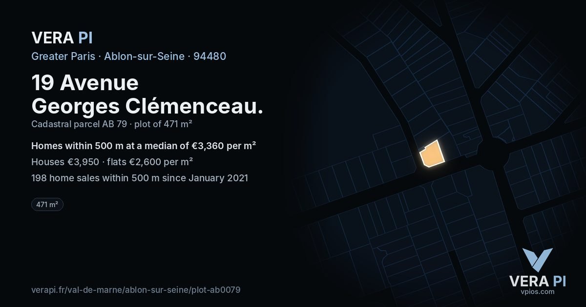 19 Avenue Georges Clémenceau, Ablon-sur-Seine at night – the plot lit, the parcels around coloured by the prices near them