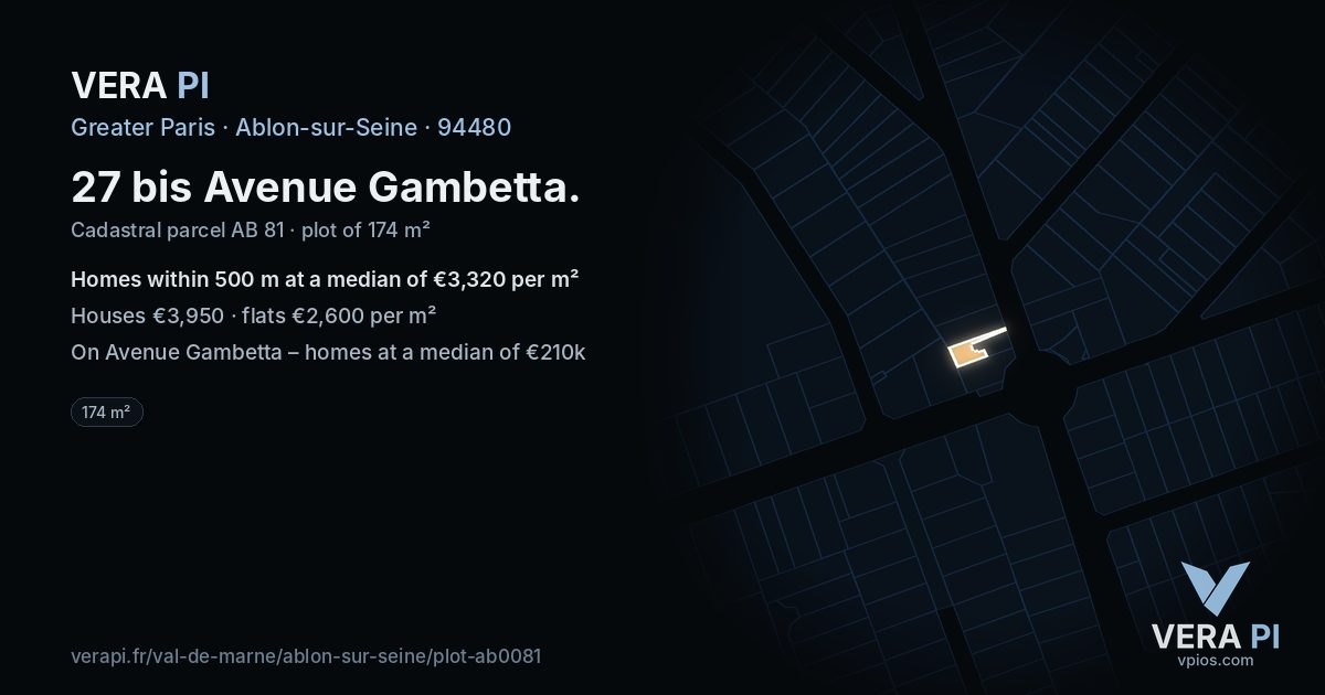 27 bis Avenue Gambetta, Ablon-sur-Seine at night – the plot lit, the parcels around coloured by the prices near them