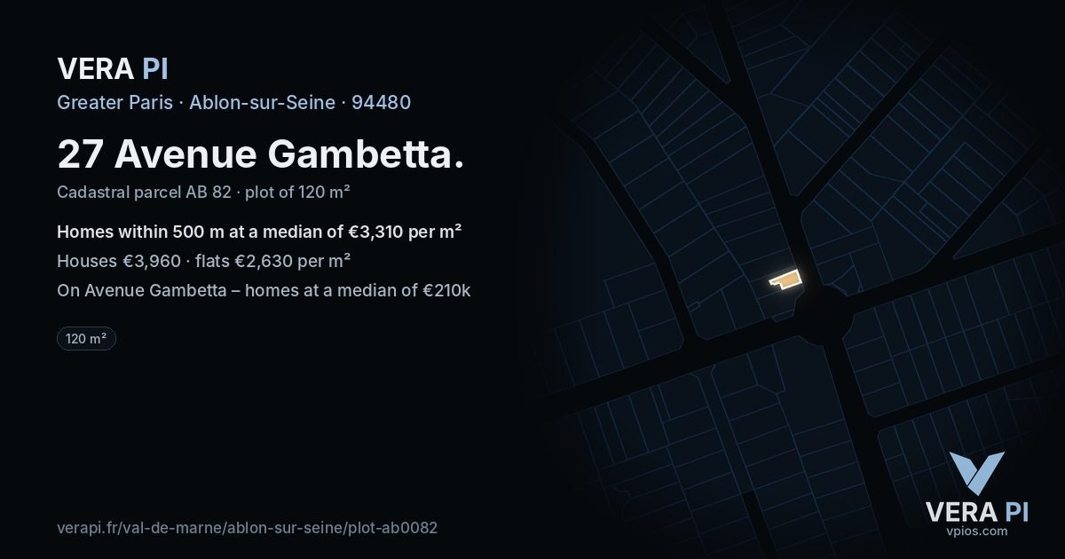 27 Avenue Gambetta, Ablon-sur-Seine at night – the plot lit, the parcels around coloured by the prices near them