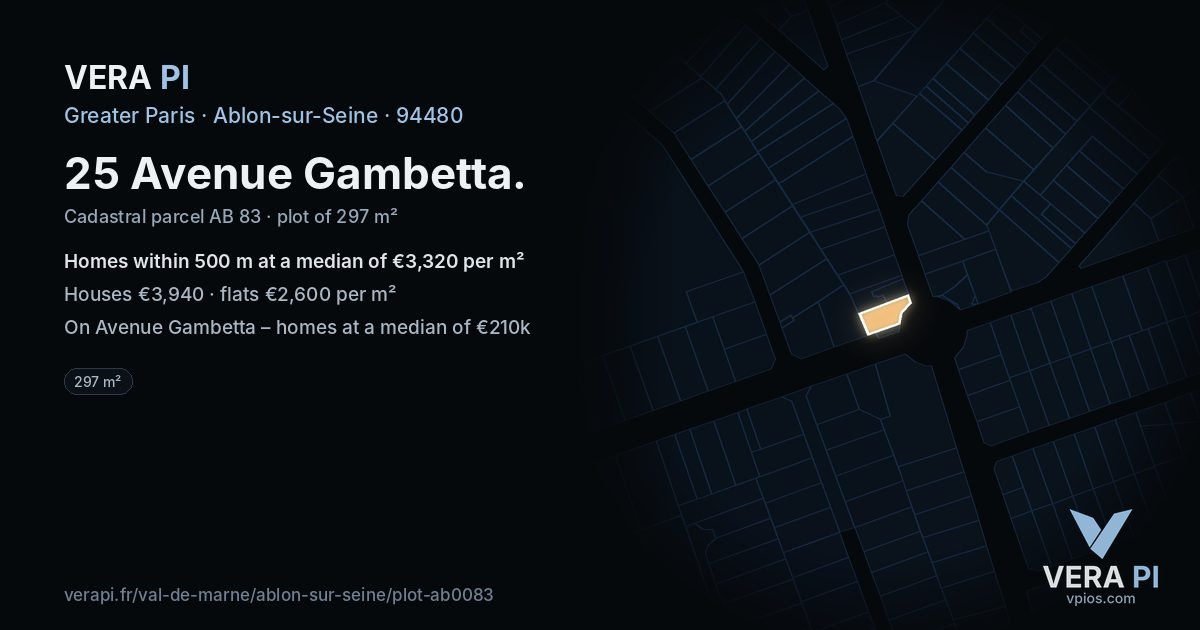 25 Avenue Gambetta, Ablon-sur-Seine at night – the plot lit, the parcels around coloured by the prices near them
