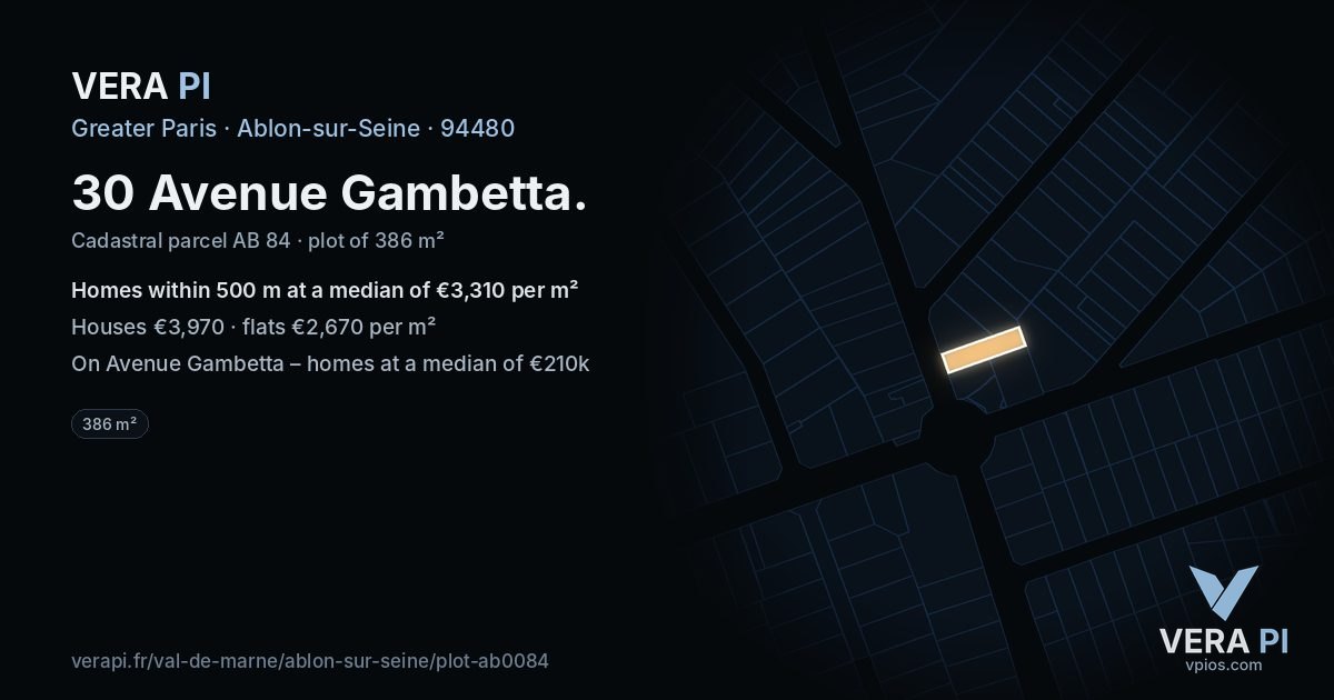 30 Avenue Gambetta, Ablon-sur-Seine at night – the plot lit, the parcels around coloured by the prices near them