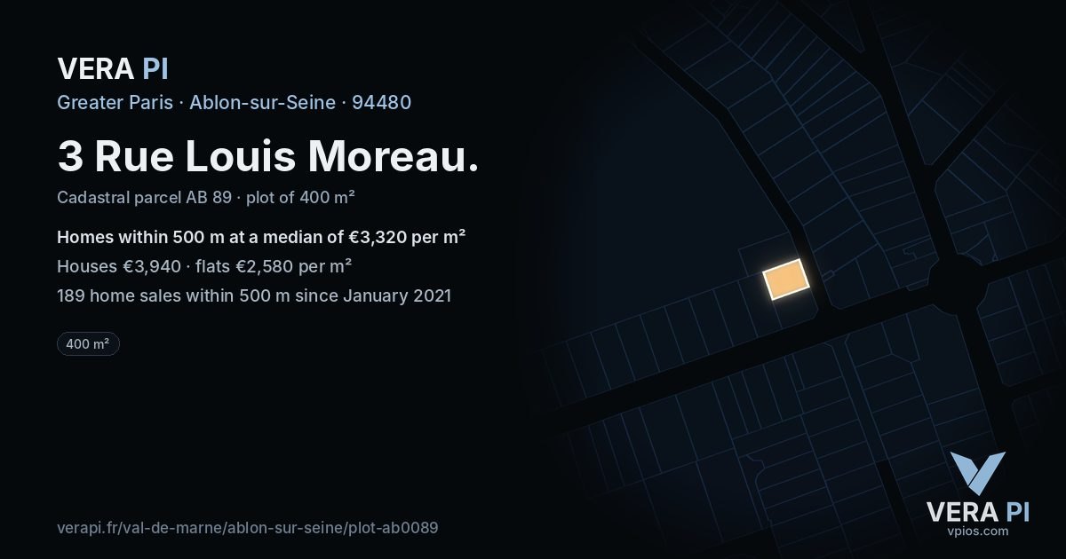 3 Rue Louis Moreau, Ablon-sur-Seine at night – the plot lit, the parcels around coloured by the prices near them