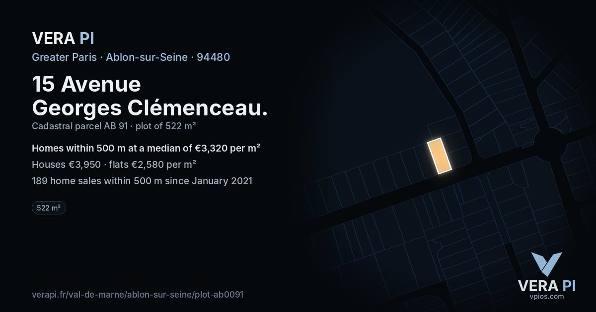 15 Avenue Georges Clémenceau, Ablon-sur-Seine at night – the plot lit, the parcels around coloured by the prices near them
