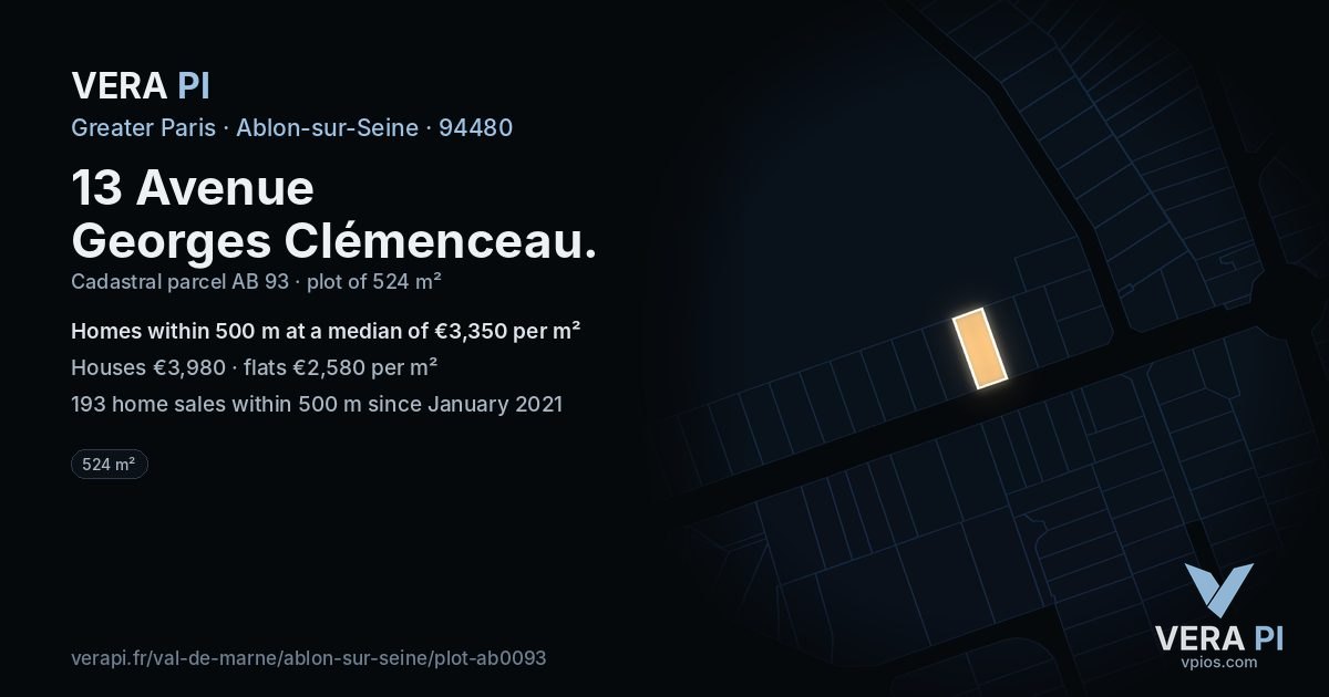 13 Avenue Georges Clémenceau, Ablon-sur-Seine at night – the plot lit, the parcels around coloured by the prices near them
