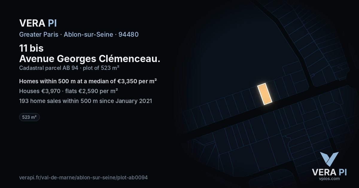 11 bis Avenue Georges Clémenceau, Ablon-sur-Seine at night – the plot lit, the parcels around coloured by the prices near them