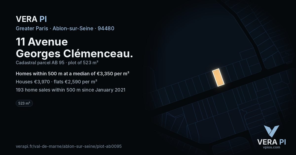 11 Avenue Georges Clémenceau, Ablon-sur-Seine at night – the plot lit, the parcels around coloured by the prices near them