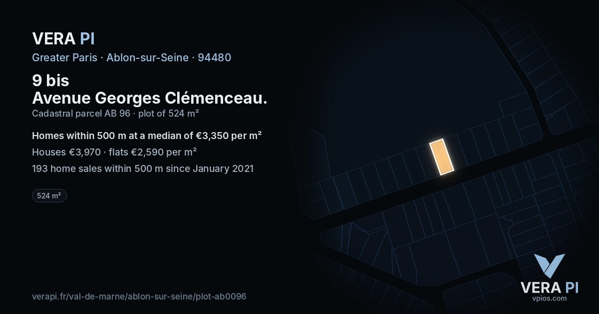 9 bis Avenue Georges Clémenceau, Ablon-sur-Seine at night – the plot lit, the parcels around coloured by the prices near them